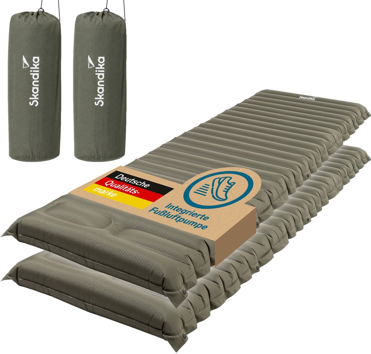 Skandika luchtmatras Dromluft 2-delige set - opblaasbaar matras, 205 x 65 cm, geïntegreerde voetpomp, drukknopen, waterafstotend, 8 cm dik, klein pakvolume, draagtas | voor camping, outdoor, wandelen