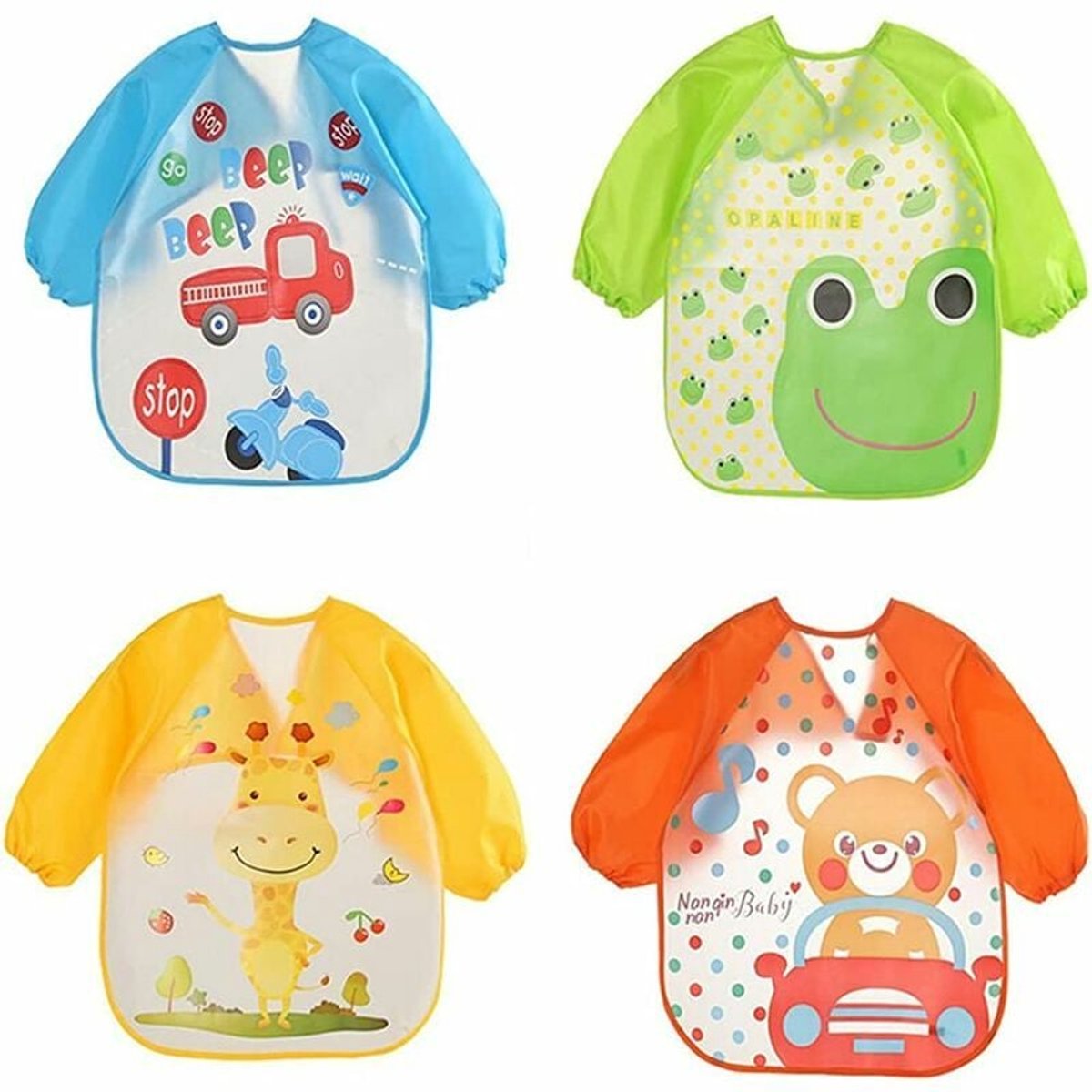 YAGXIG 4-pack waterdichte slabbetjes met lange mouwen - Slabbetjes met mouwen - Leuke cartoon slabbetjes - Geschikt voor kinderen van 6 maanden tot 3 jaar
