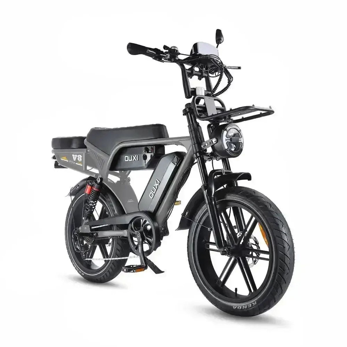 OUXI V8 Ultra Elektrische Fatbike - Ingebouwd Alarmsystseem - Inclusief Achterzitje - Inclusief Voorrekje - NFC-chip - 20 Inch - 250W Motor - 7 Versnellingen - 60 km Actieradius - Hydraulische Schijfremmen - Grijs