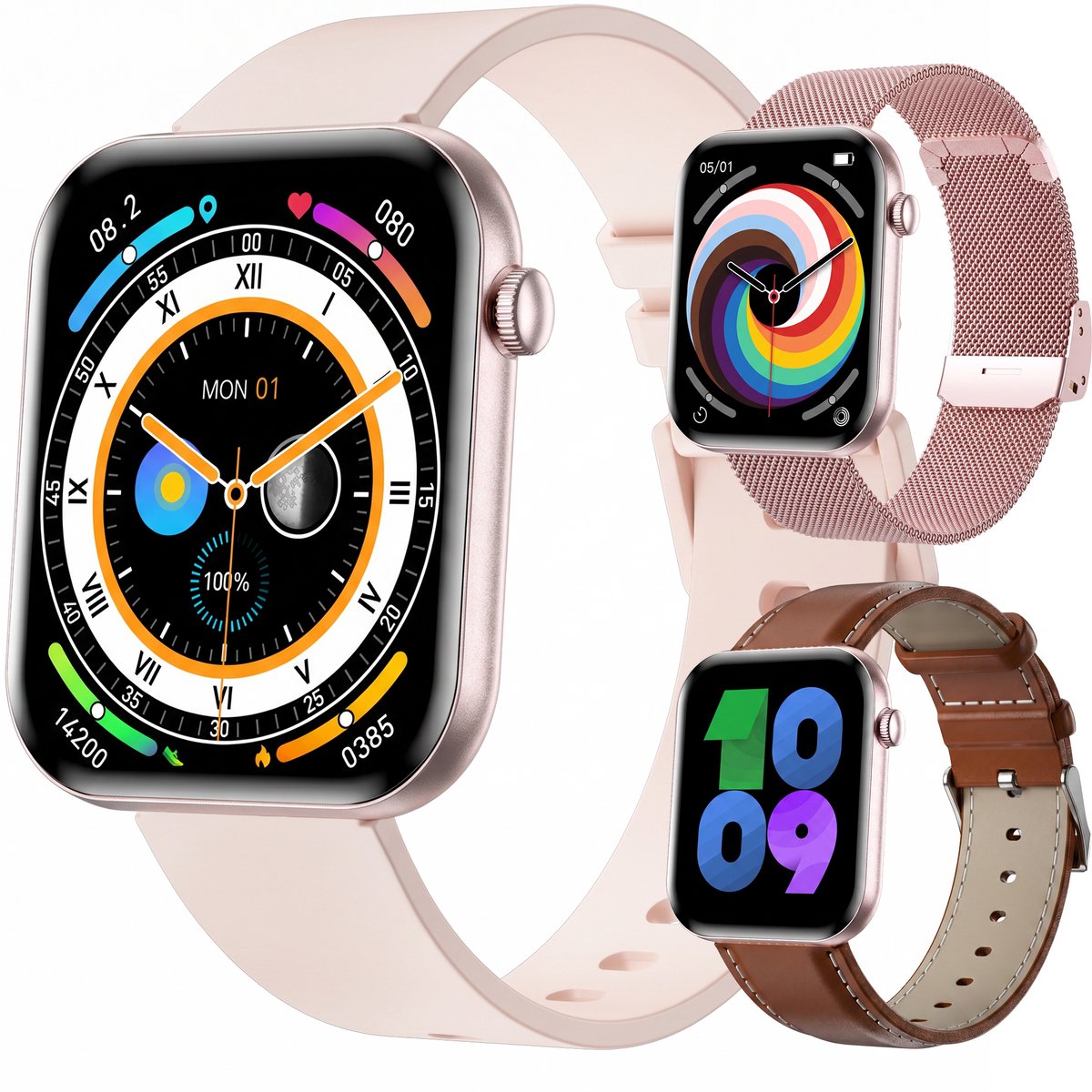 Synyq Health Pro - Smartwatch Dames - 1.85”AMOLED - 3 Bandjes - Stappenteller - Hartslagmeter - Bloeddrukmeter - Slaapmonitor - Belfunctie - Multisport - Geschikt voor Android en iOS - Rose Gold