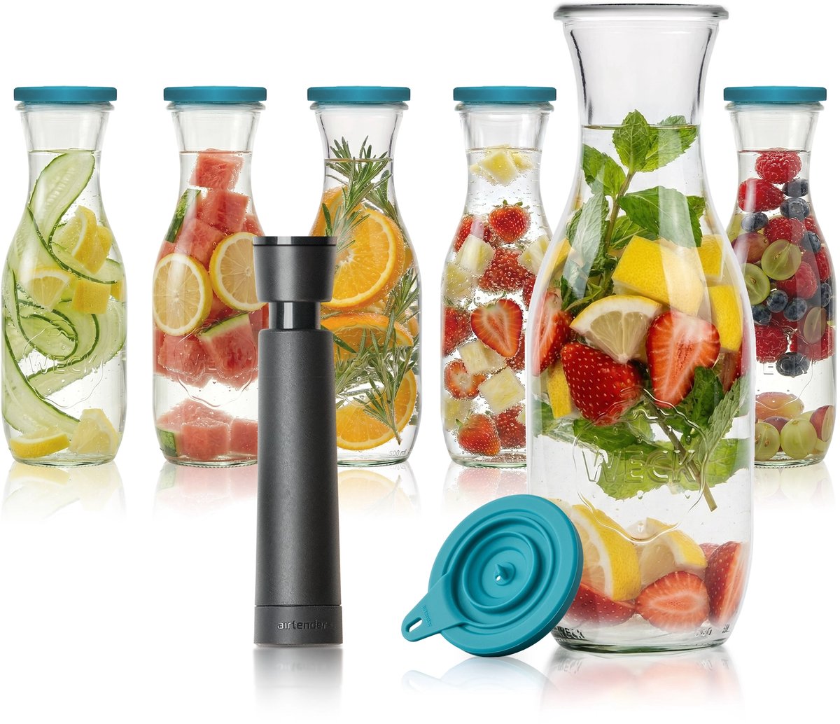 Airtender Waterkaraf 1000ml (6st.) | Instant Water Infuser | 6x Waterkaraf van glas (1L) | 6x Vacuümdeksel + GRATIS -pomp | Water infuseren met fruit | Plasticvrij | Vitaminerijk water | Zonder vacuüm te gebruiken | Vitamines bewaren met vacuüm