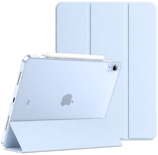 Lichtblauwe iPad hoes met Apple Pencil, staand in de hoes.