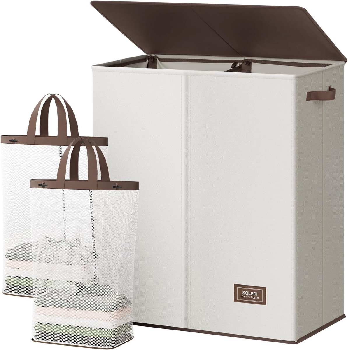 Wasmand met deksel Opvouwbare mand Kleding sorteren Uitneembare waszakken 145 liter Gebroken wit