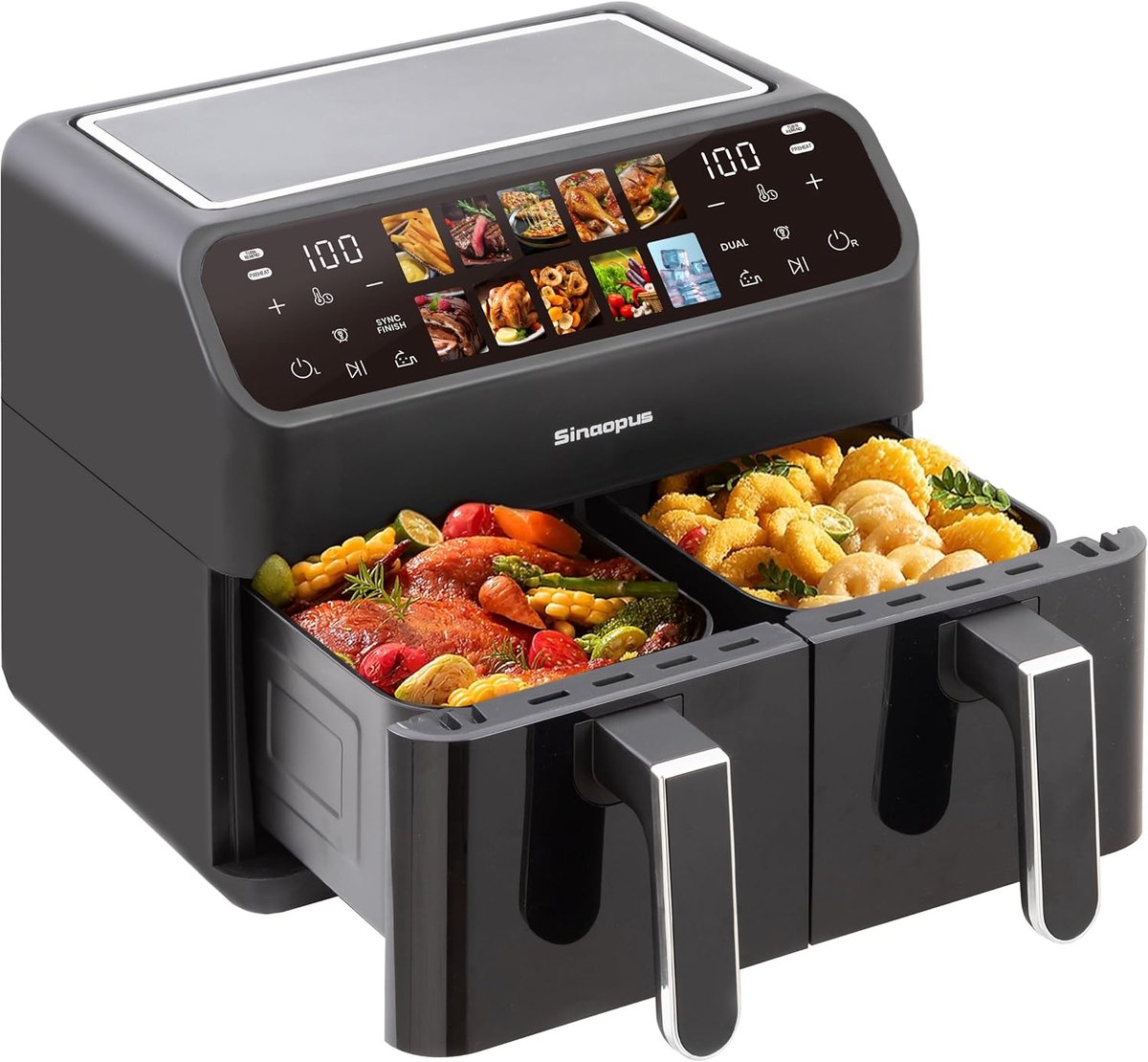 Heteluchtfriteuse Dubbele Kamer - Airfryer XXL - Gezond Koken - Twee Aparte Manden - 9 Liter Totaal - Zwart