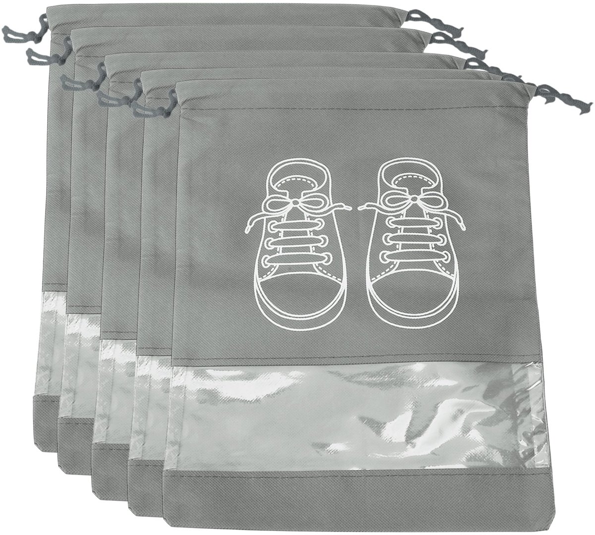 Dailygoods- Schoentassen Set van 5 - Ademend Vliesstof - Trekkoord Sluiting - Transparant Venster - Ruimte voor Sneakers - 30 x 43 cm - Schoenenopbergtassen