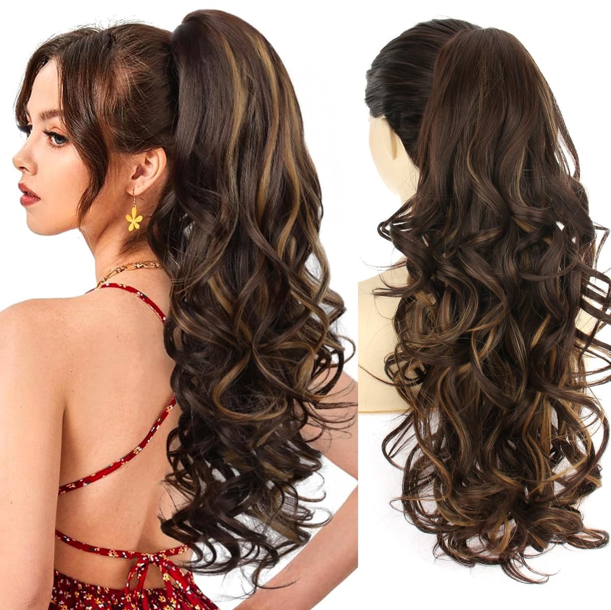 Dailygoods- Paardenstaart haarstukje met clip - 66 cm lang - volumineus/golvend - donkerbruin/blonde highlights - haarverlenging - geschikt voor alle gelegenheden - Haarextensie
