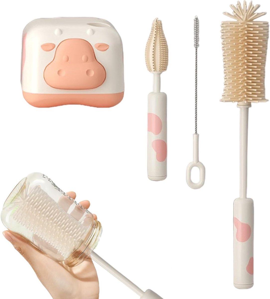Babyfles Borstelset - Fles Reiniger - Hygiënisch Reinigen - Kindveilige Siliconen - 3-Delig - Roze