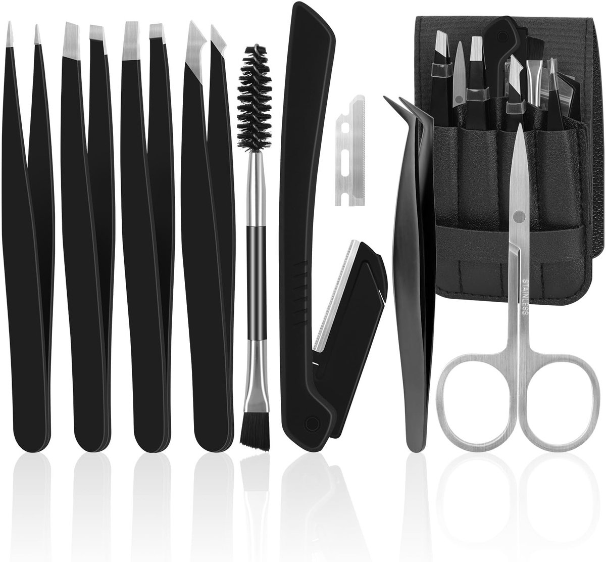 Dailygoods - Pincetten voor gezichtshaar dames en heren, 11-delige precisiepincet van roestvrij staal met etui, schaar, scheerapparaat voor ingegroeide ontharing, wimperverlenging