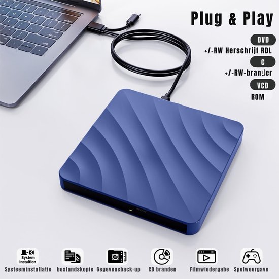 QORA® Externe DVD Speler voor Laptop - Externe DVD Speler - DVD Speler - Blauw - ‎19cm x 17cm x 4cm — afbeelding 5
