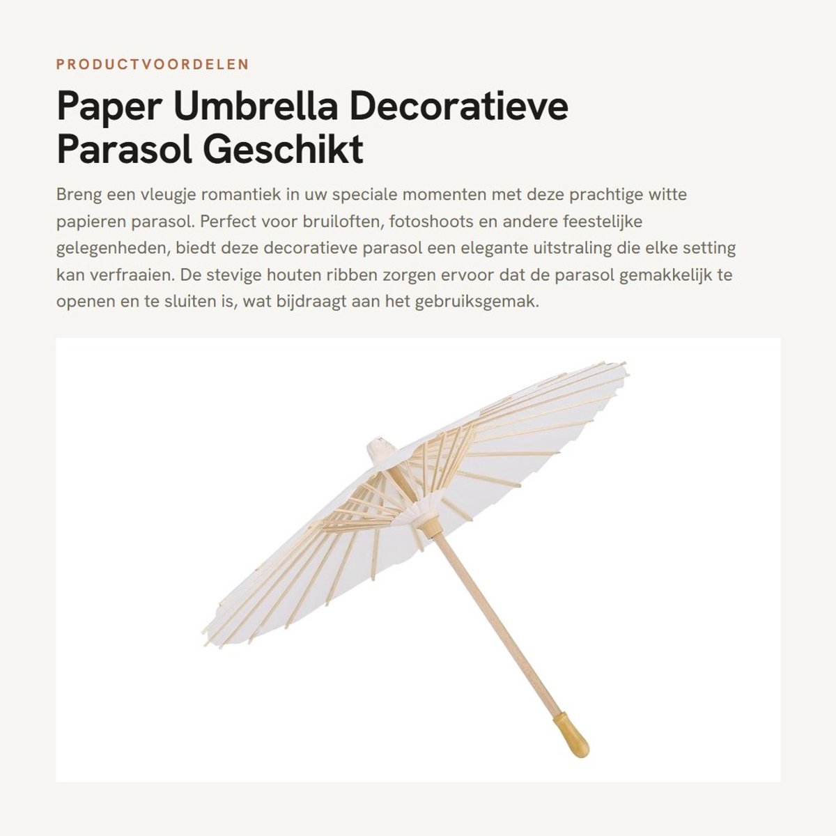 Dailygoods- Parasol Decoratief - Wit Papier - Diameter 40CM - Houten Rib - Vintage Uiterlijk - Geschikt voor Bruiloft en Fotografie - Decoratieve Paraplu