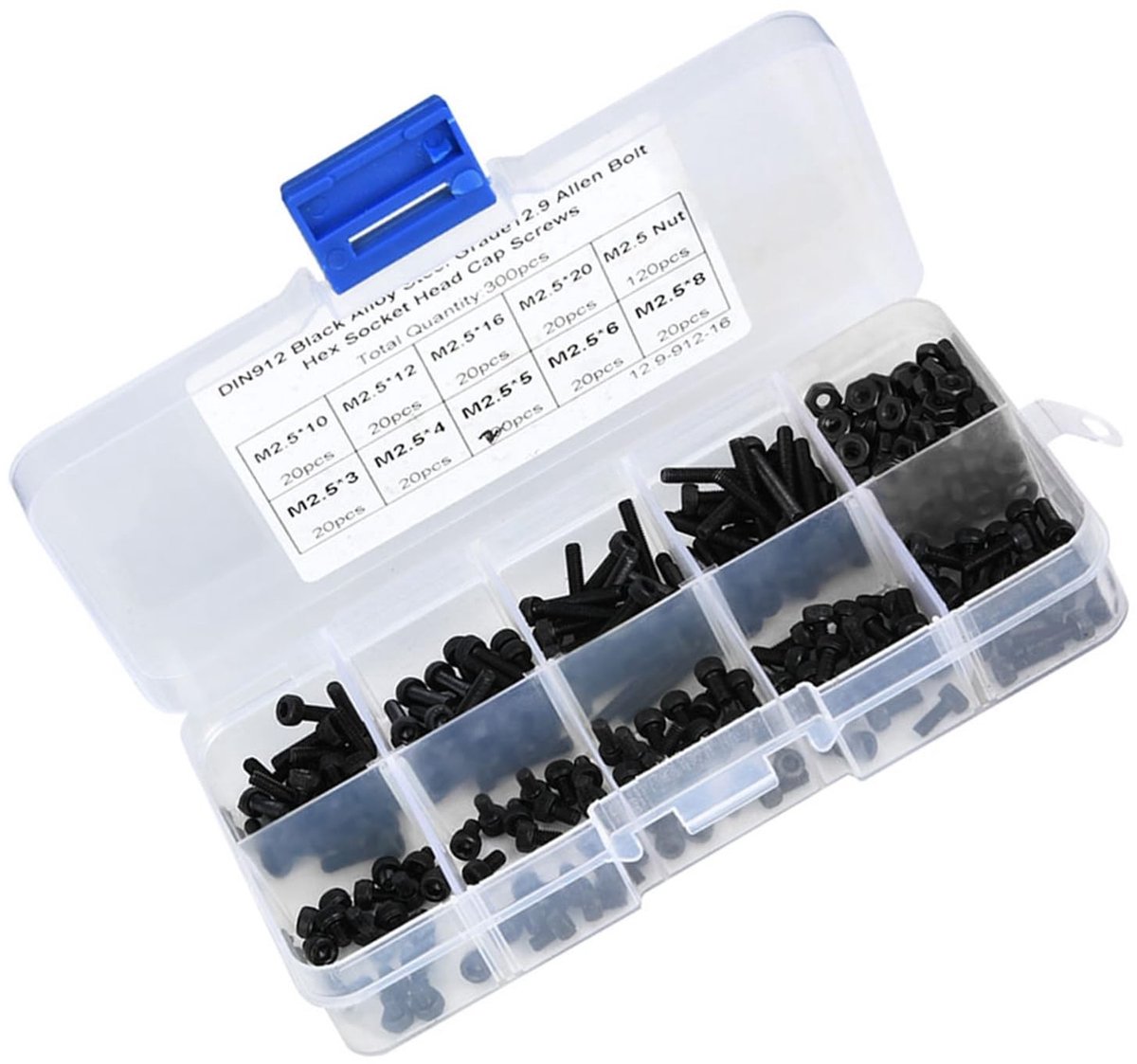 Dailygoods- Binnenzeskantschroef 300 stuks - M2,5 x 20 mm - Graad 12,9 - Zwart Staal - Schroef met Moer - Hoogwaardige Kwaliteit - Schroeven