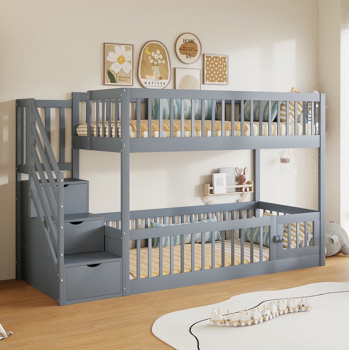 MEUNIQ stapelbed 90x200 cm met veiligheidstrap, opberglades en hekwerk, kinderbed met onderste bedzone en deur voor kinderkamer, grijs