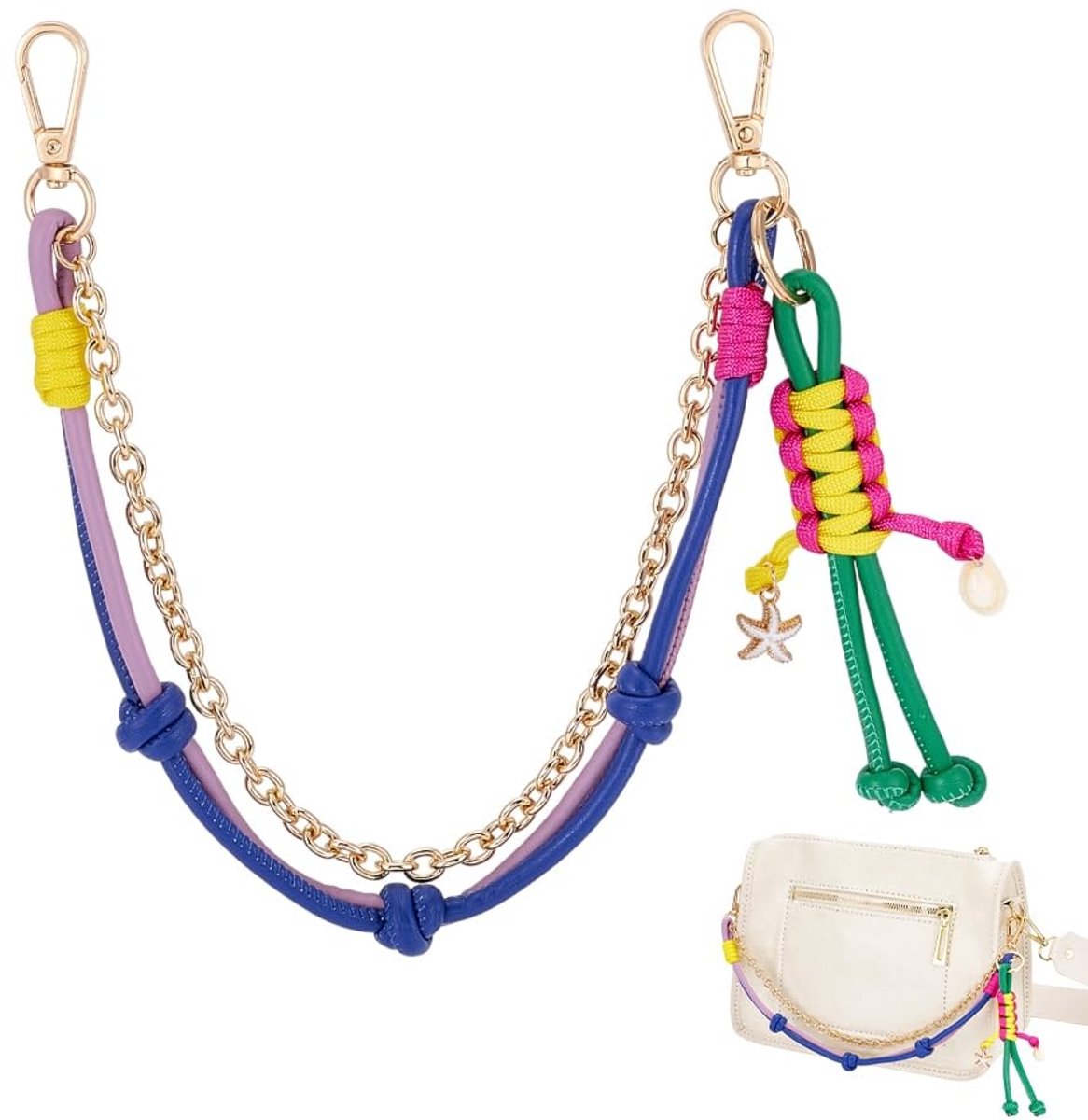 Dailygoods- Tasdecoratie Unieke Menselijke Vorm - Paracord Ketting - Lederen Cowrie Shell - Accessoire voor Handtassen - Interieur Auto - Perfect Cadeau Idee - Charme