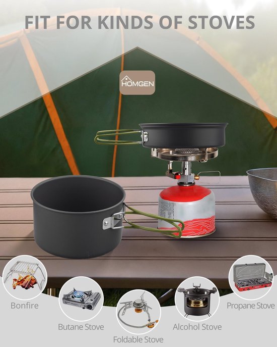 Dailygoods- Kookset Lichtgewicht - Camping Kookgerei Set - Camping Potten/Pannen Set - Draagbare Kookset - Koken voor 2-3 Personen - Aluminium Kookgerei — afbeelding 3