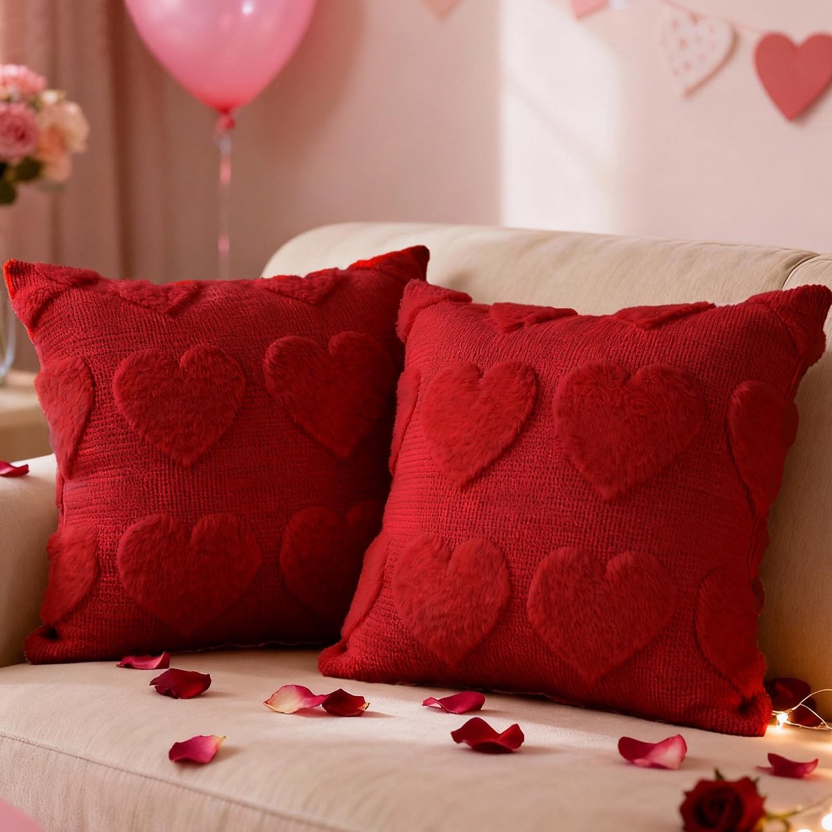 SnelShoppen - Set van 2 Valentijnsdag Kussenhoezen 45x45cm Rood - Zachte Pluche Decoratieve Kussens voor Sofa Versiering - Perfect voor Valentijnsdag