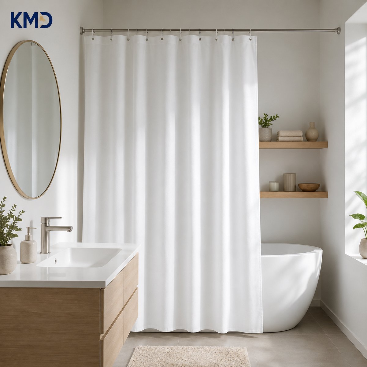 KMD Douchegordijn 180x180 cm Wit – Anti-schimmel Polyester Waterafstotend met Metalen Oogjes en Haken