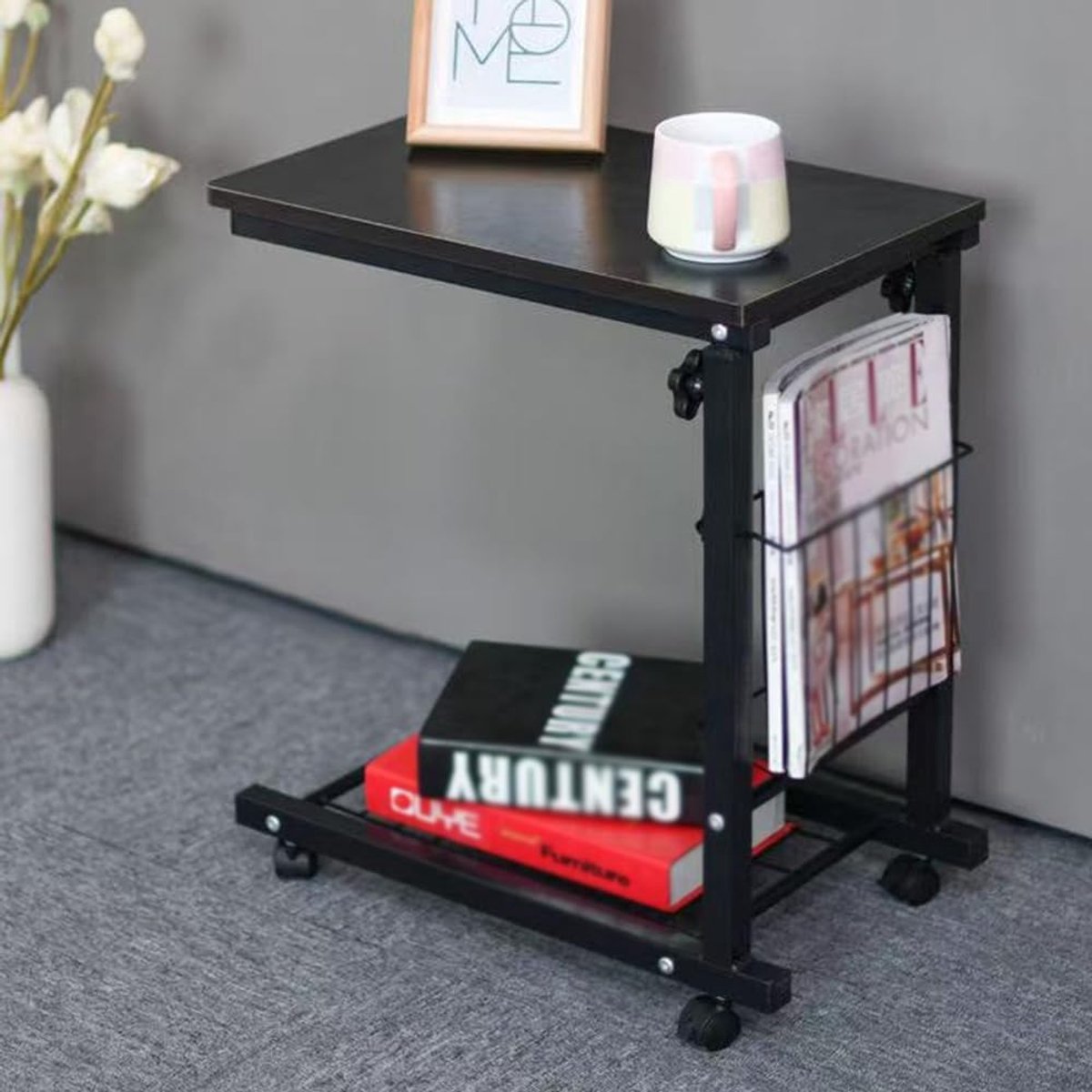 Bijzettafeltje C-vorm - Roltafel bank - Snacks bij de bank - In hoogte verstelbaar - 60-80cm hoog - Zwart