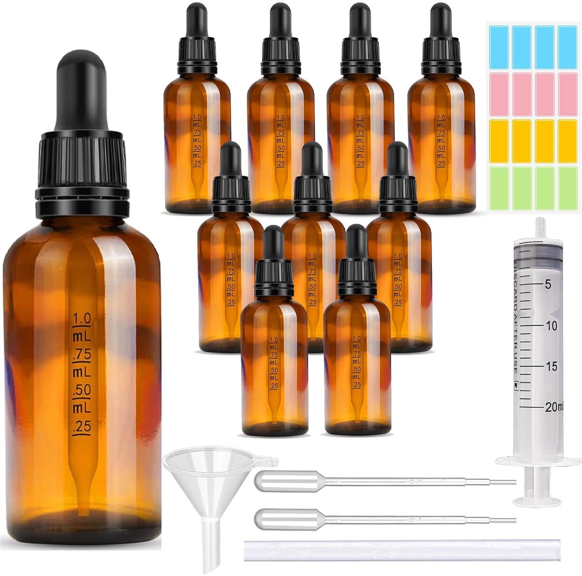 Dailygoods- Pipetfles 10 stuks - 50 ml - Bruine Glazen Fles - Herbruikbaar - Anti-UV - Inclusief Trechter/Pipet - Druppelfles