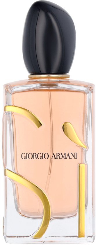 Giorgio Armani Si eau de parfum fles van 100ml met goudkleurige golvende lijnen en zwarte dop.