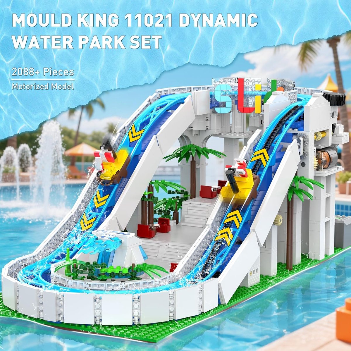 Mould King 11021 Waterglijbaan attractie bouwset | Kermis architecture ideas modelbouw | Technisch creator classic speelgoed bouwpakketten voor volwassenen & kinderen | Expert icons muziekdoos | Motor niet geschikt voor Lego technic | 2088 bouwstenen — afbeelding 2