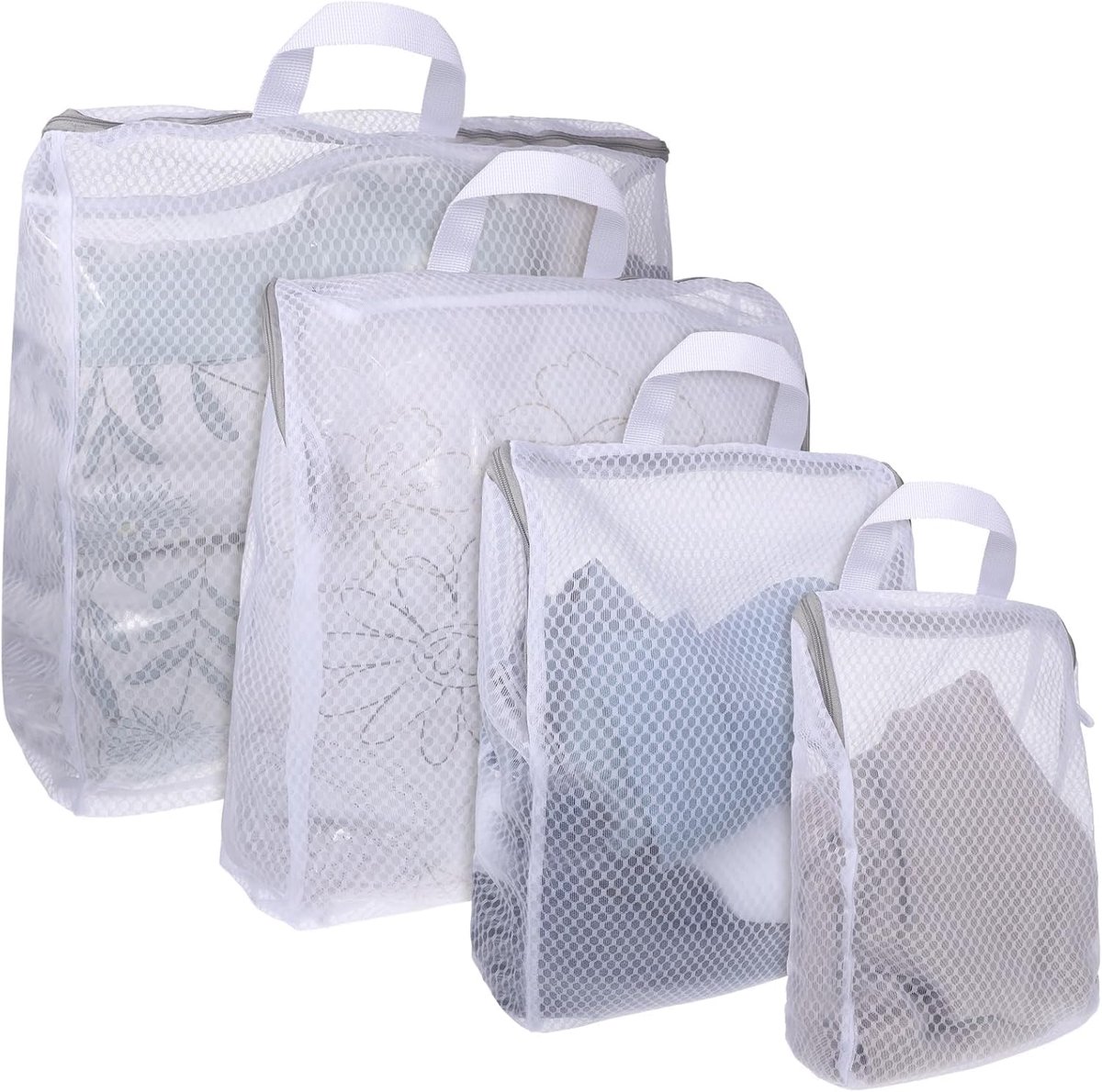 Waszak set Mesh zakken Kleding sorteren Versterkte structuur 4 maten Wit Grijs