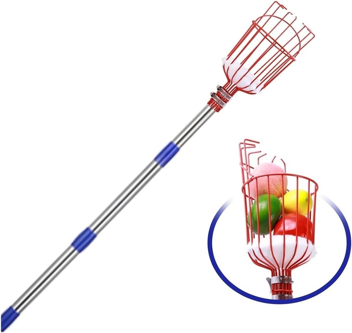Fruitplukstok - Plukmand uitschuifbaar - Fruit oogsten - Verstelbare lengte - Tot 2 meter - Zilver