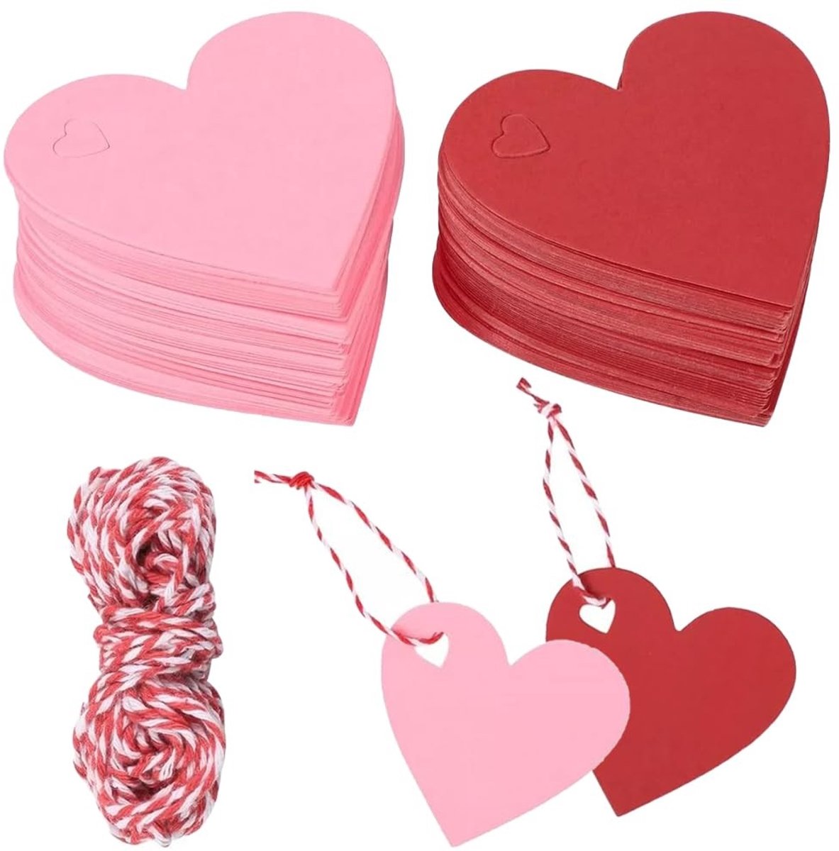 Dailygoods- Cadeaulabels Hartvormig - 200 Stuks Kraftpapier - Rood/Pink - Met Henneptouw - DIY Labels - Stevig en Duurzaam - Gift Tags