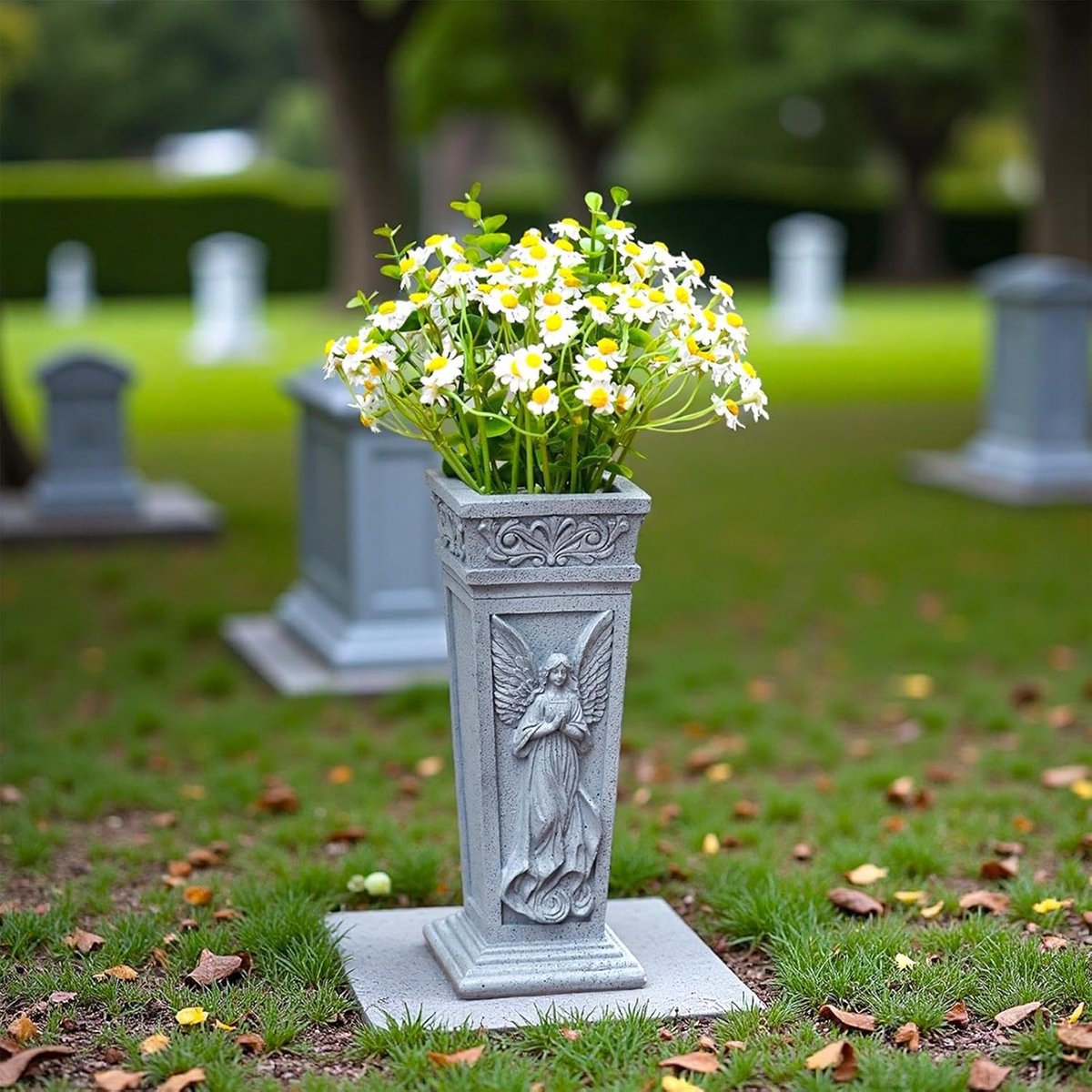 Grafvaas met engel - Herdenkingsvaas - Graven decoreren - Weerbestendig hars - 30 cm hoog - Multicolor