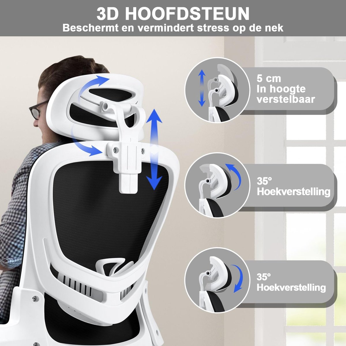 Dailygoods- Bureaustoel Ergonomisch - Verstelbare Armsteun - Lendensteun - Hoofdsteun - Ademend Mesh - Voor Thuiswerk - Werkstoel – foto 3