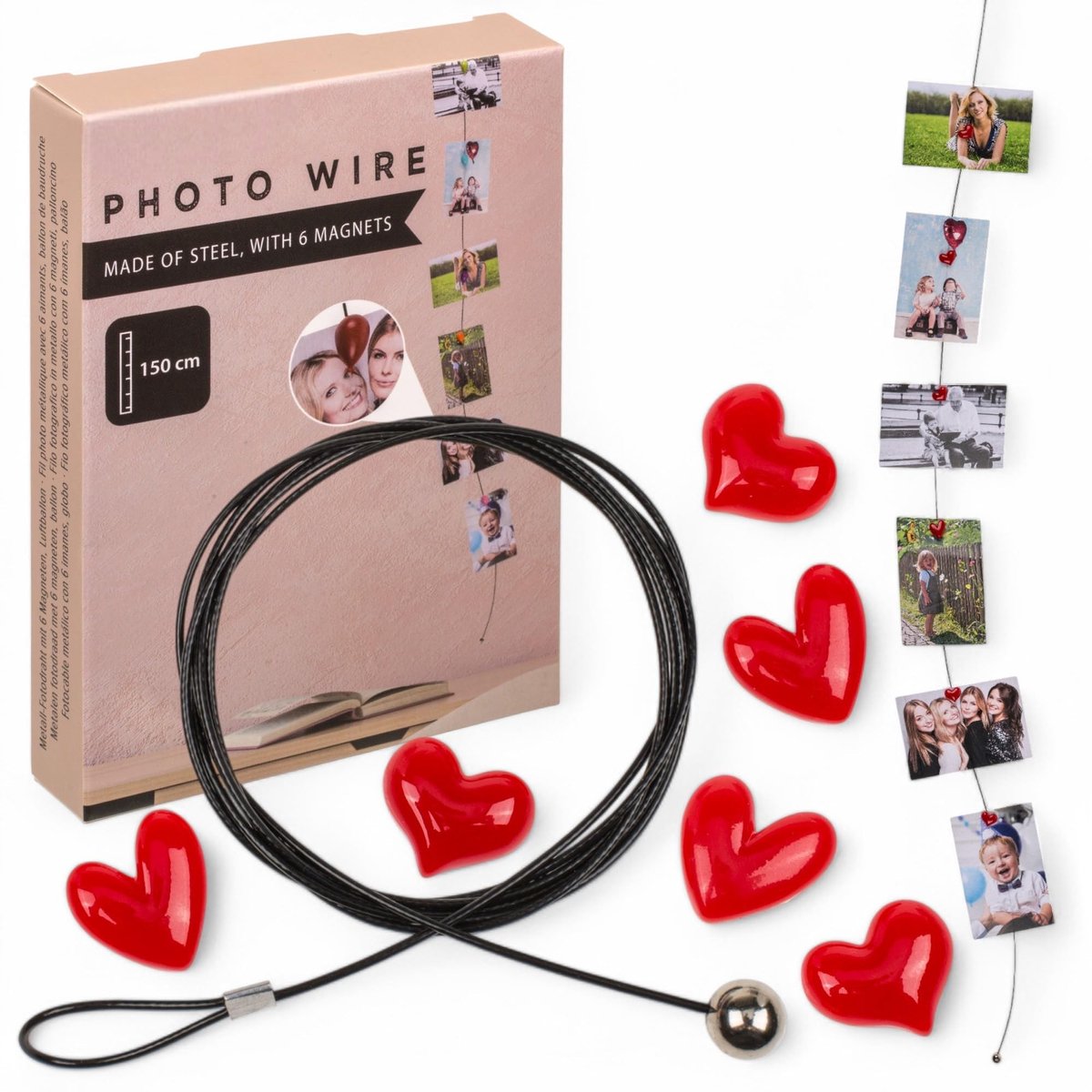 Dailygoods- Fotodraad 150 cm - Stalen Fototouw - Magneten Hartvormig (6 stuks) - Eenvoudige Wandmontage - Flexibel en Creatief - Perfect voor Foto's en Notities - Foto Ophangsystemen