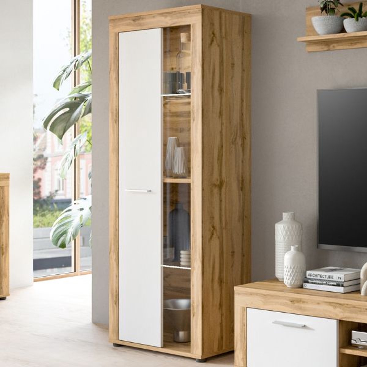 Vitrinekast Jam - 60x35x159cm - 1 Deur - Wotan Eik/wit