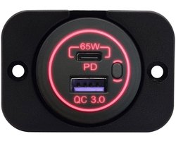 ProRide 12-24V USB/USB C Autolader 2 Poorten Inbouw - 65W QC3.0 - Snellader - Enkelvoudig Paneel - Rood