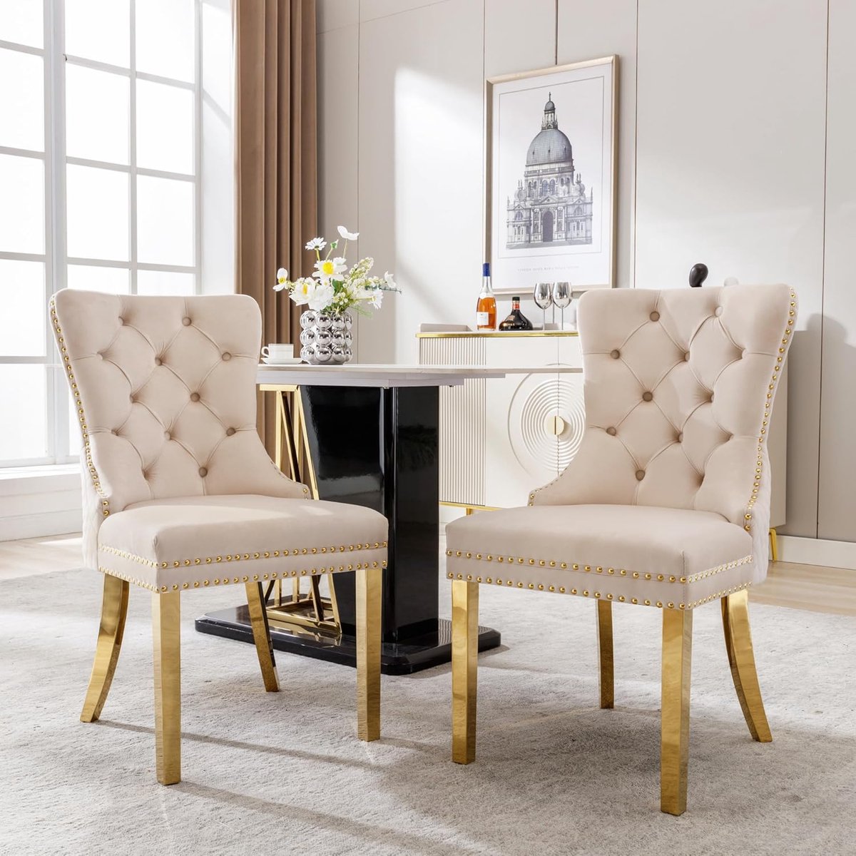 Eetkamerstoel Velvet - Keukenstoel Comfortabel - Stijlvol Zitten - Unieke Deurklop Decoratie - 51x65.5x95cm - Beige