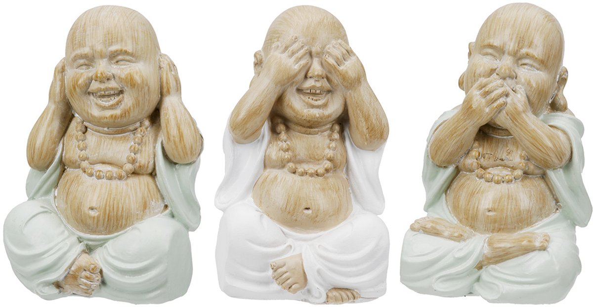 beeld buddha horen zien en zwijgen - boeddha - groen wit bruin - 5x5x9 set van 3