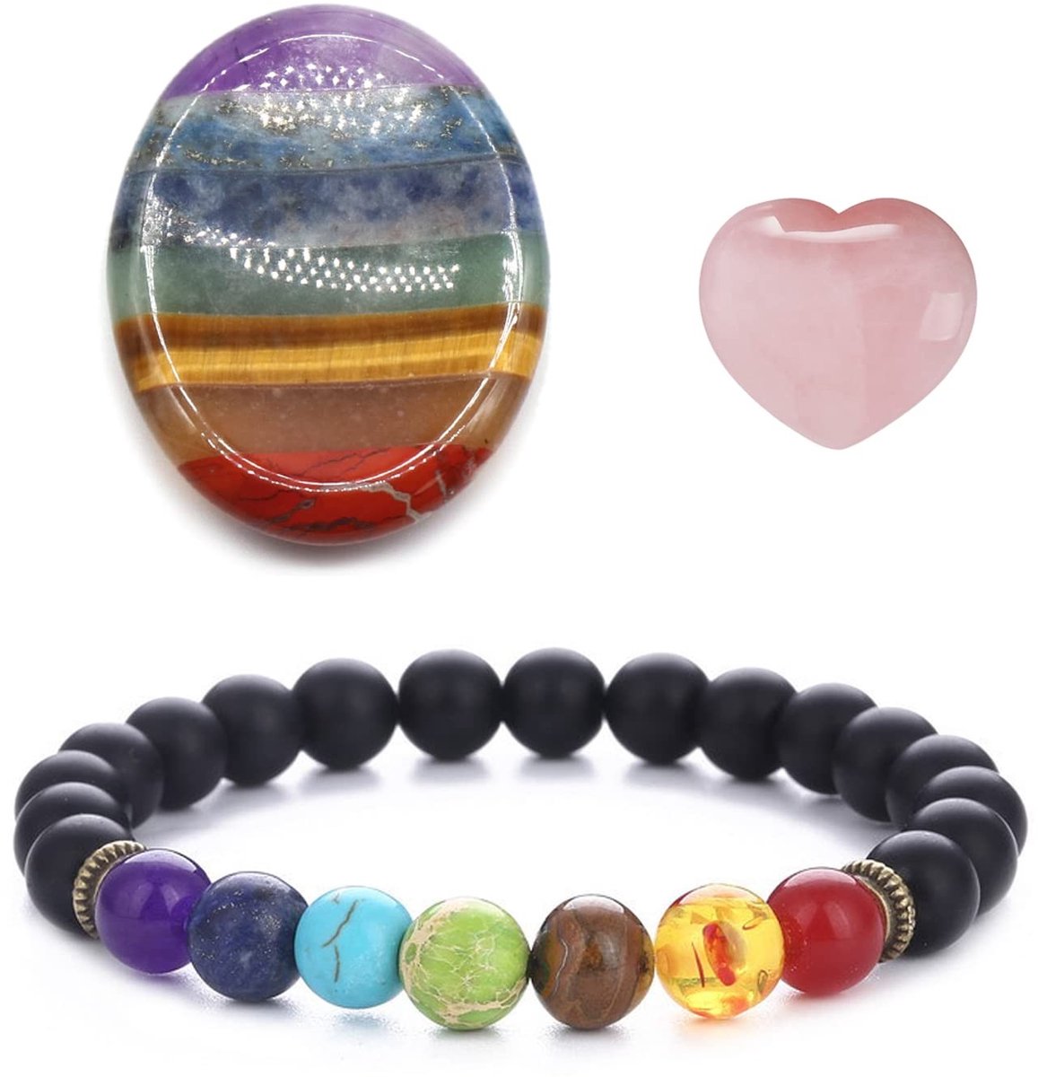 Dailygoods- Chakra Armband Set - 7 Chakra's - Hartvormige Roze Kristal - Duimzorg Steen - Helende Kristallen - Verlicht Angst - Healing Crystals
