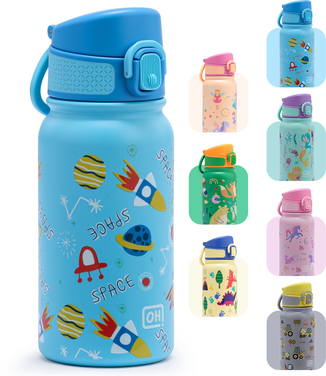 BentOH! RVS Waterfles 350ml voor Kinderen - Ruimte - Anti-overloop & Lekvrij – Met Eén Hand te Openen – BPA-vrij & Vaatwasserbestendig