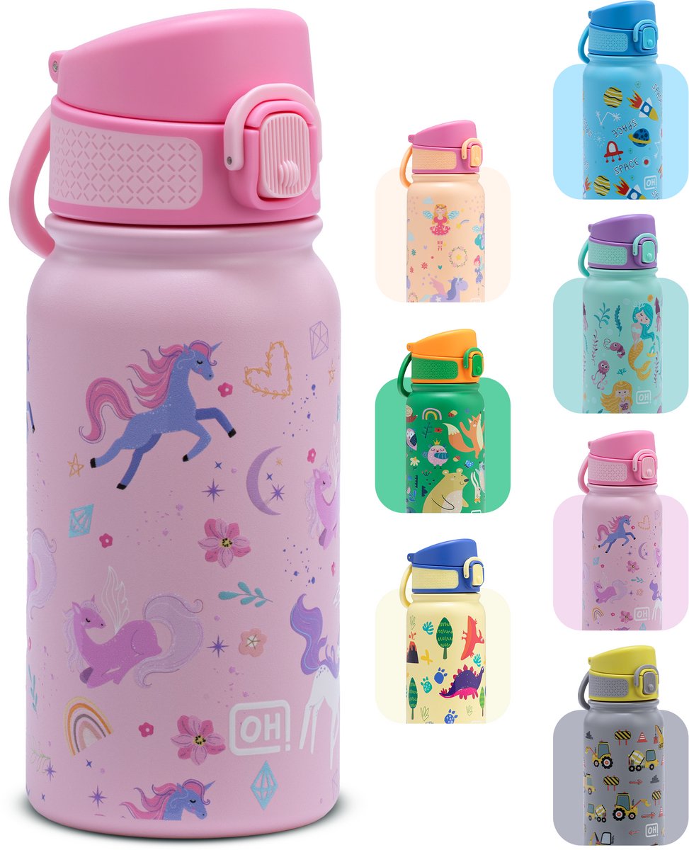 BentOH! RVS Waterfles 350ml voor Kinderen - Eenhoorn - Anti-overloop & Lekvrij – Met Eén Hand te Openen – BPA-vrij & Vaatwasserbestendig