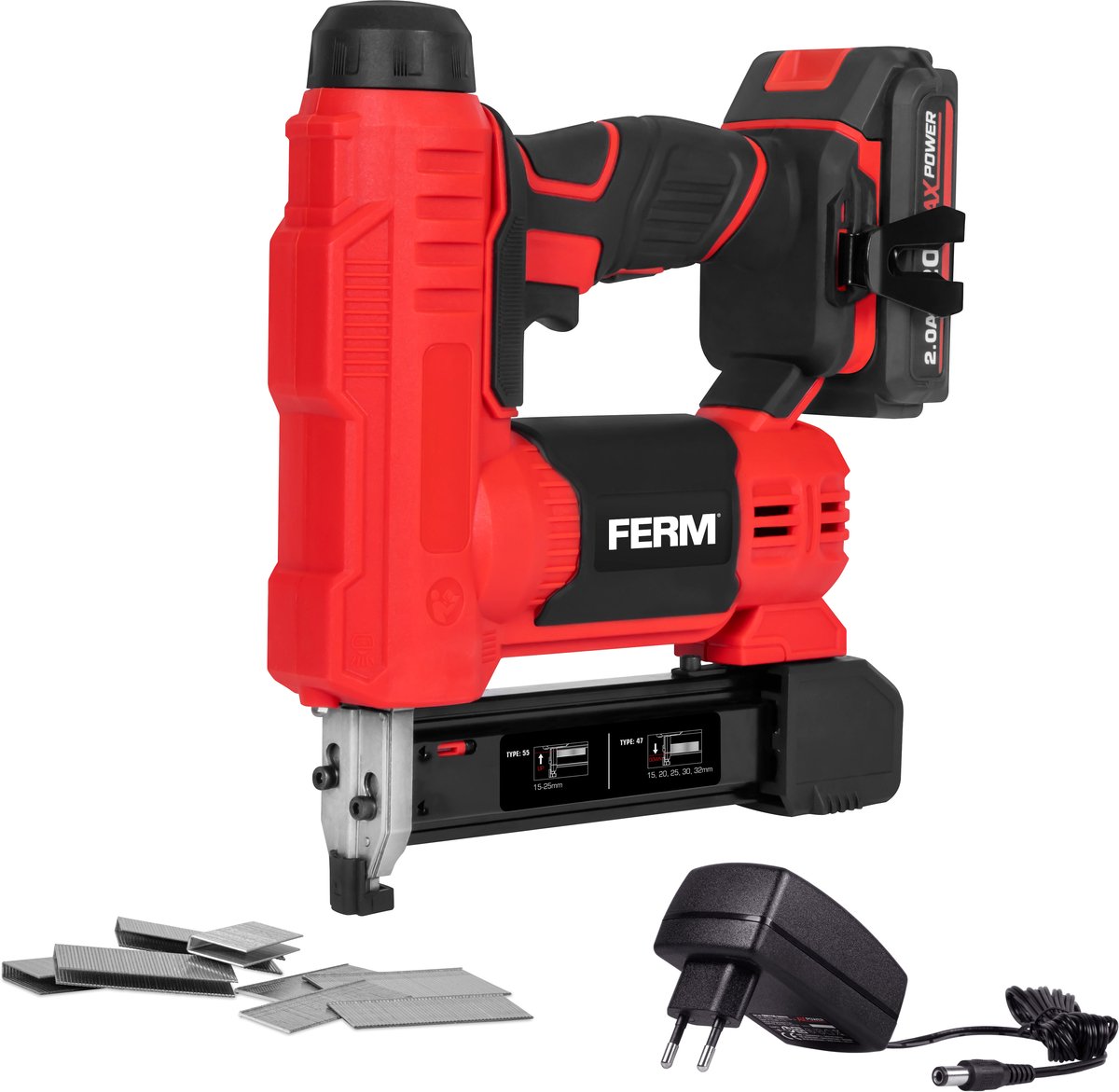 FERM- AX-POWER - SGM1024 - Spijker en nietpistool - set - op - 20 Volt - accu - met - lader - en - 2Ah accu - en met - nieten en spijkers -Spijkertacker - Niettentacker - Tacker - Accutacker