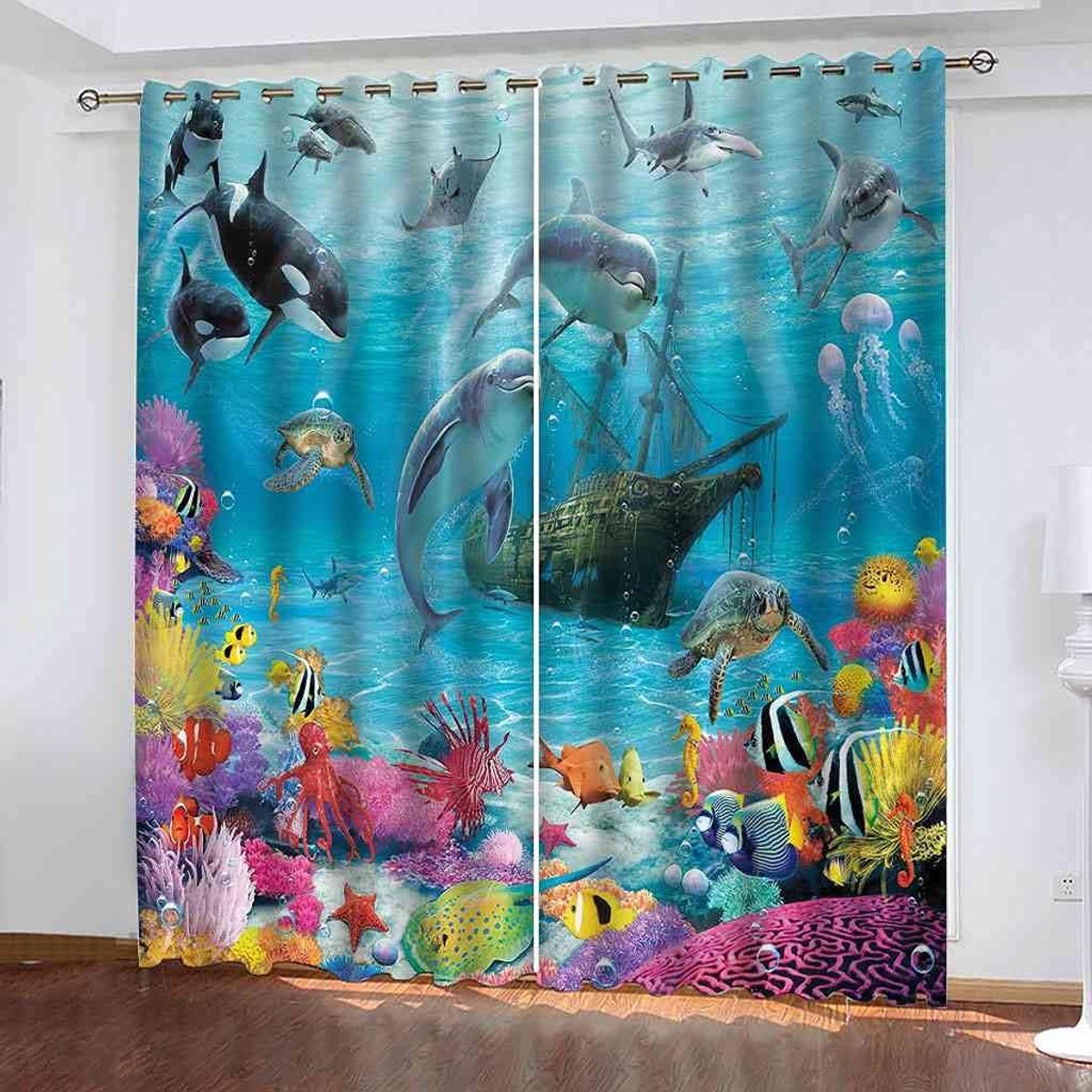 Verduisterende gordijnen - Ooggordijnen kamer - Privacy creëren - Drievoudige weeftechnologie - 300 x 270 cm - Blauw zee dier