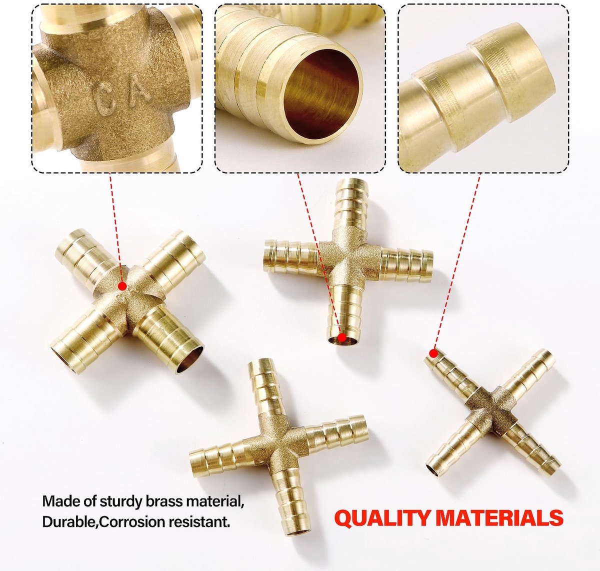 Dailygoods- Slangpilaar 4-Weg Messing Aansluiting - 4 Stuks (6/8/10/12 mm) - Inclusief 16 Slangklemmen - Temperatuurbestendig tot 100℃ - Massief Messing - Geschikt voor Brandstof/Lucht - Slangverbinder