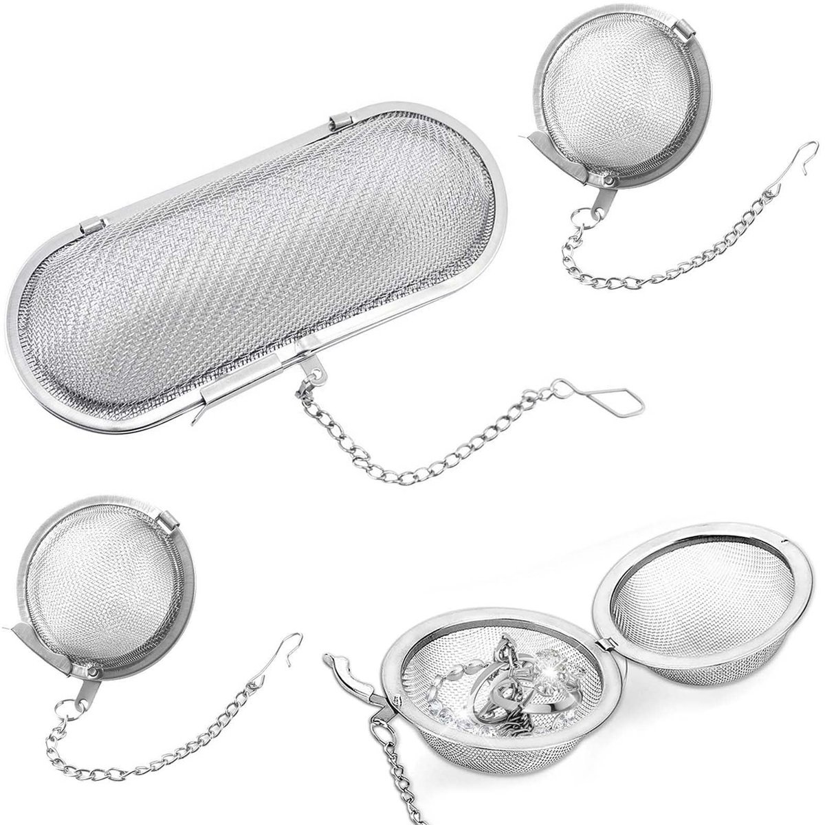 Dailygoods- Reinigingsmand 3 Stuks - Ultrasoon - Fijnmazig Roestvrij Staal - Reinigingsmand met Slot - Netbal met Deksel - Ketting met Haak - Reinigingsnet