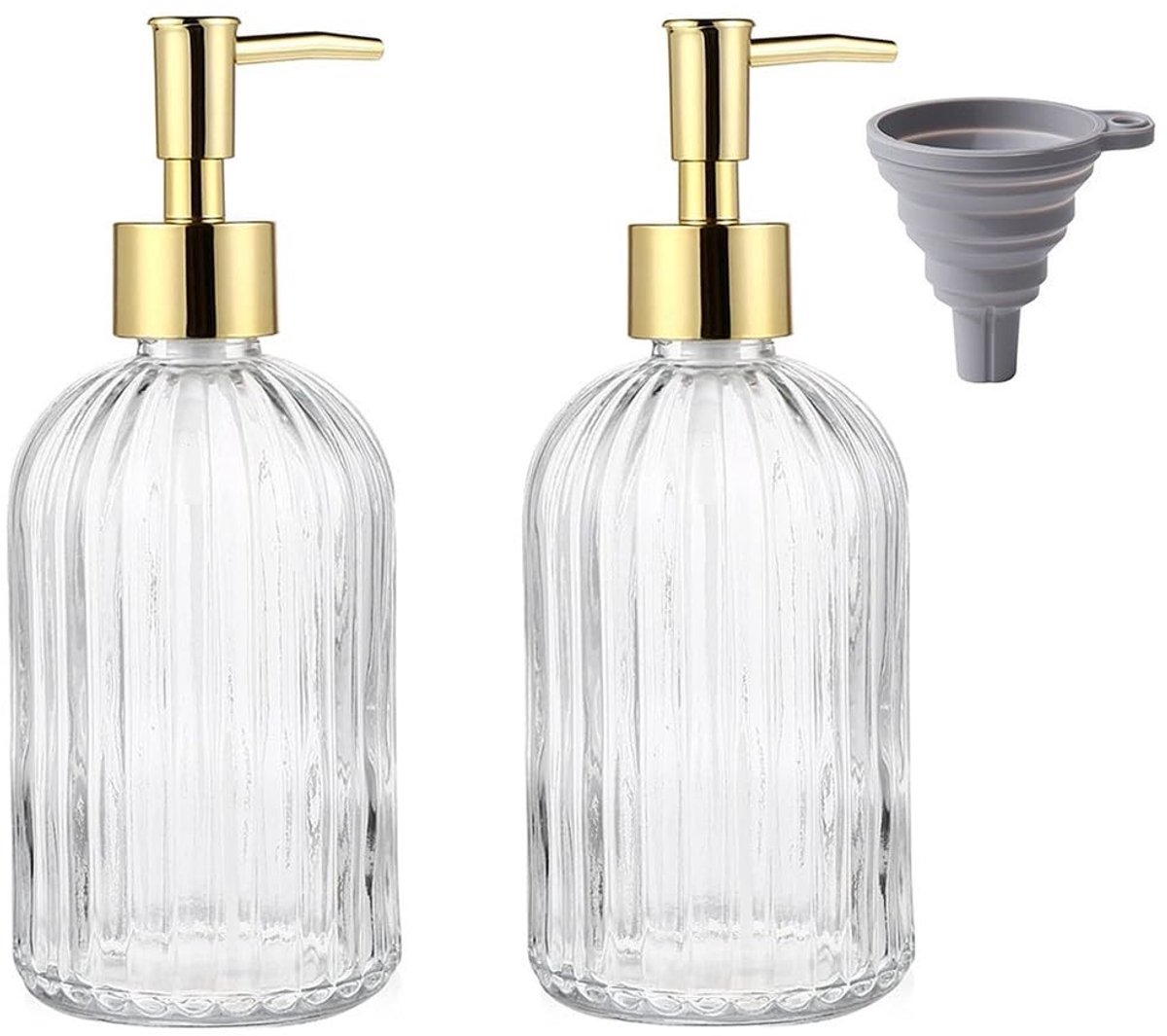 Dailygoods- Zeepdispenser 2-delig - Glazen Set - Gouden Pomp - Siliconen Trechter - 400 ml - Modern Ontwerp - Zeepfles