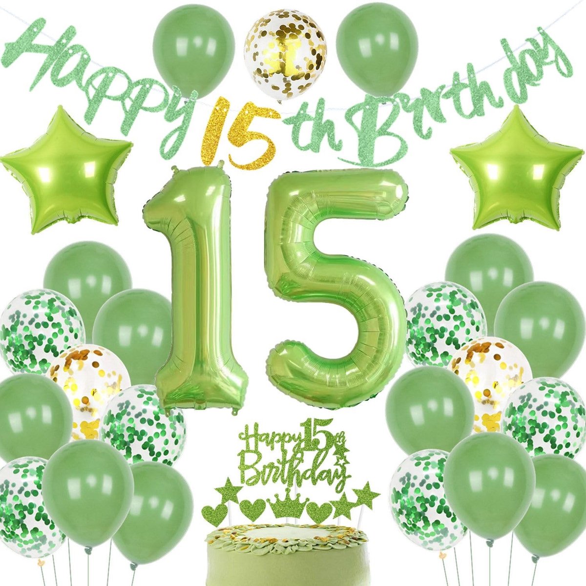 JHUBERS- Verjaardagsdecoratie 15e verjaardag - Ballonnen - Taartdecoratie - Folieballon - Latexballonnen - Sterfolieballonnen - Compleet set voor feest. - Feestdecoratie