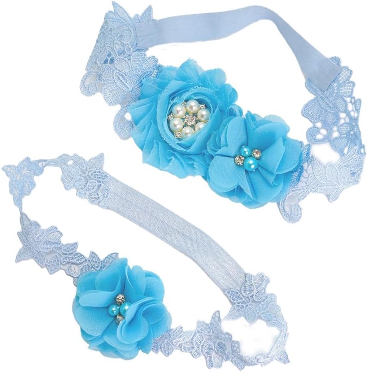 Kousenband set - Bruiloft accessoires - Bruidslook compleet - Bloemen kant design - 2 stuks - Blauw wit
