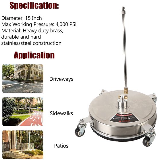 Dailygoods- Oppervlaktereiniger 15 Inch - Professionele Hogedrukreiniger - Hoog Rendement - 4000 PSI - Roestvrij Staal - 4 Wielen - 1/4 Inch Snelkoppeling - Terrasreiniger van Dailygoods — afbeelding 4