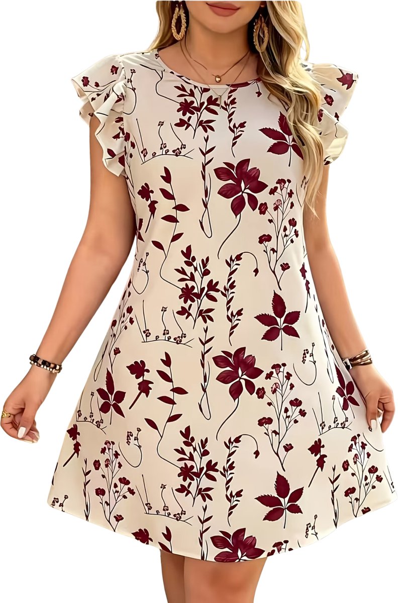 Currero Zomerjurk Dames Zomerjurken Volwassenen Vrouwen Midi Jurk Ibiza Stijl Sundress Dress Abrikoos Abrikozenbasis Met Rode Bloemen