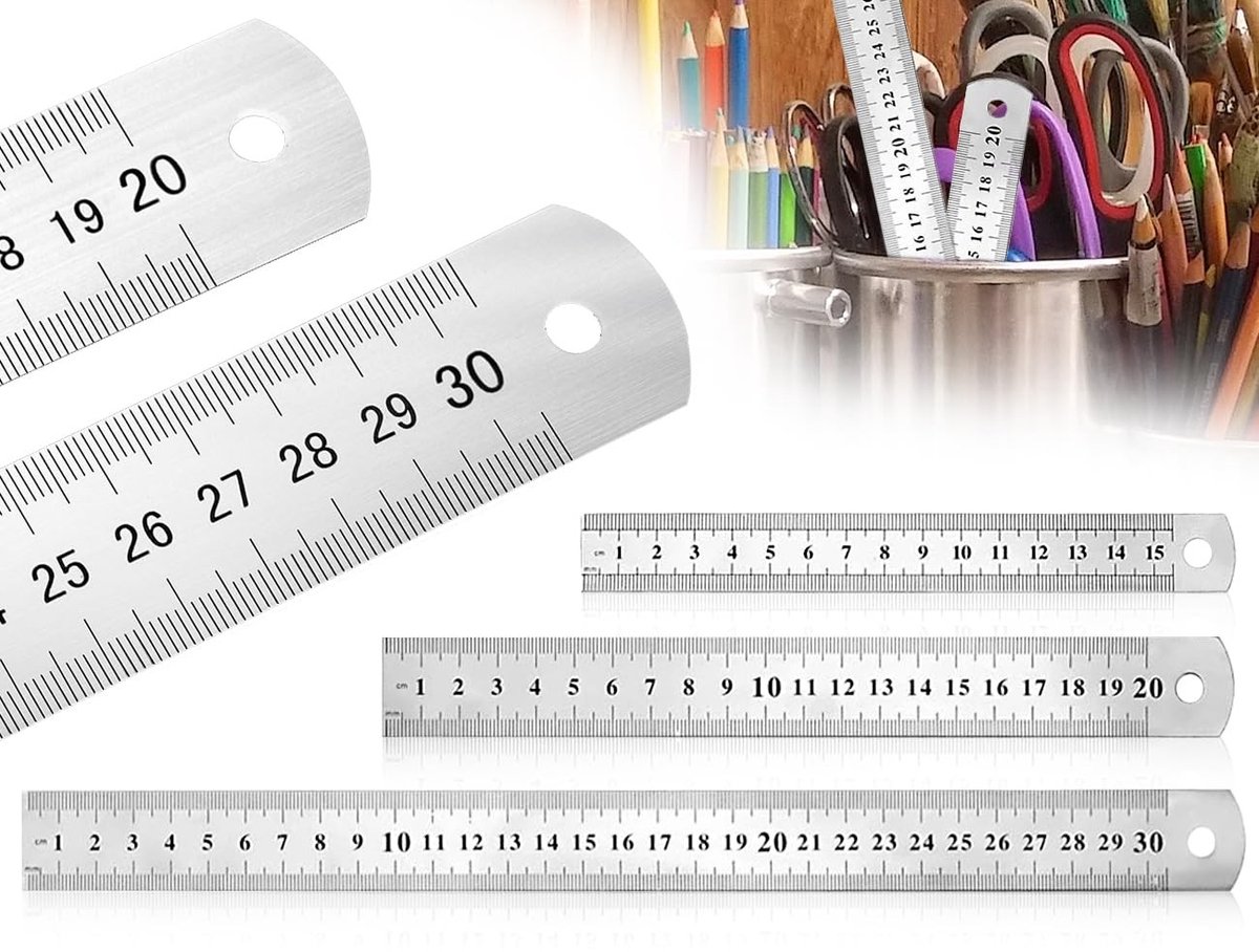 Dailygoods- Roestvrijstalen Liniaal Set - 3 Stuks - Rechte Liniaal - Meten in Centimeter/Inch - Dubbelzijdig - Hoogwaardige Materiaal - Liniaalset