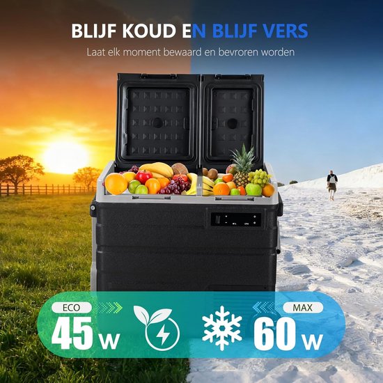 Draagbare Compressorkoelbox 57L - Elektrische Autokoelkast & Vriezer - -20°C tot 20°C - 12V/24V & 230V - Met Wielen en Uitschuifbaar Handvat - Voor Camping, Auto en Caravan — afbeelding 4