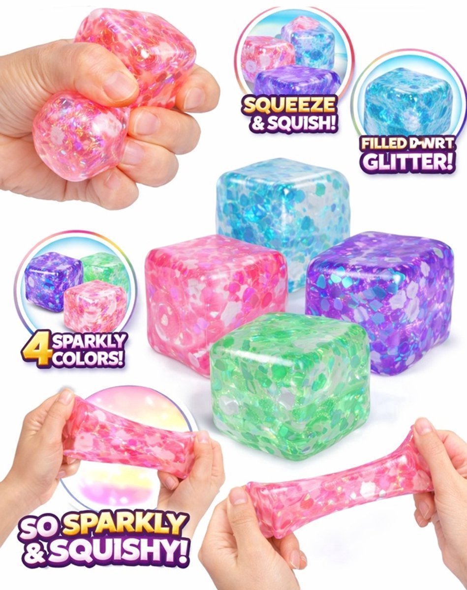 Squishy Glitter Cube stressbal - 1 exemplaar - 4 x 5 cm groot - Sensorisch speelgoed - Voor de hand - Fidget Toys - Maltose
