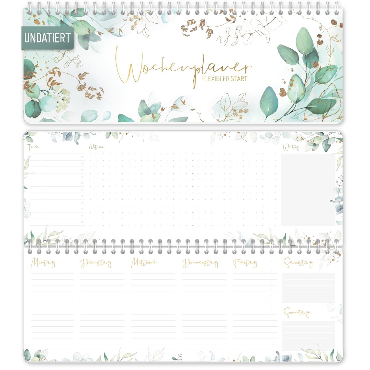 Dailygoods- Bureaukalender Ongedateerd - Weekplanner 2 Pagina's - Bladgoud Design - 29,5 x 10,5 cm - Duurzaam - Ruimte voor Notities